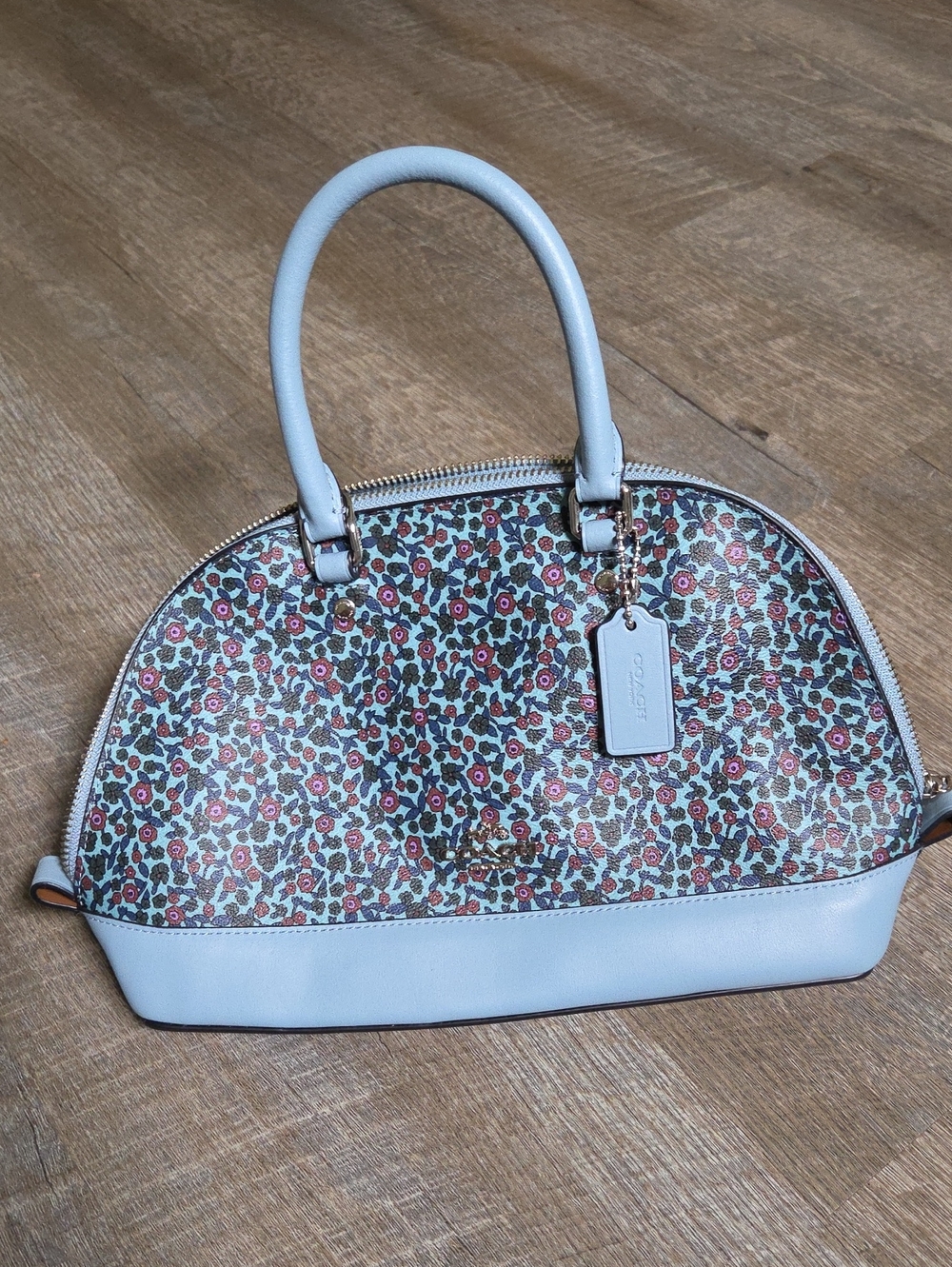 Coach Light Blue Floral Dome Satchel with Pink Accents